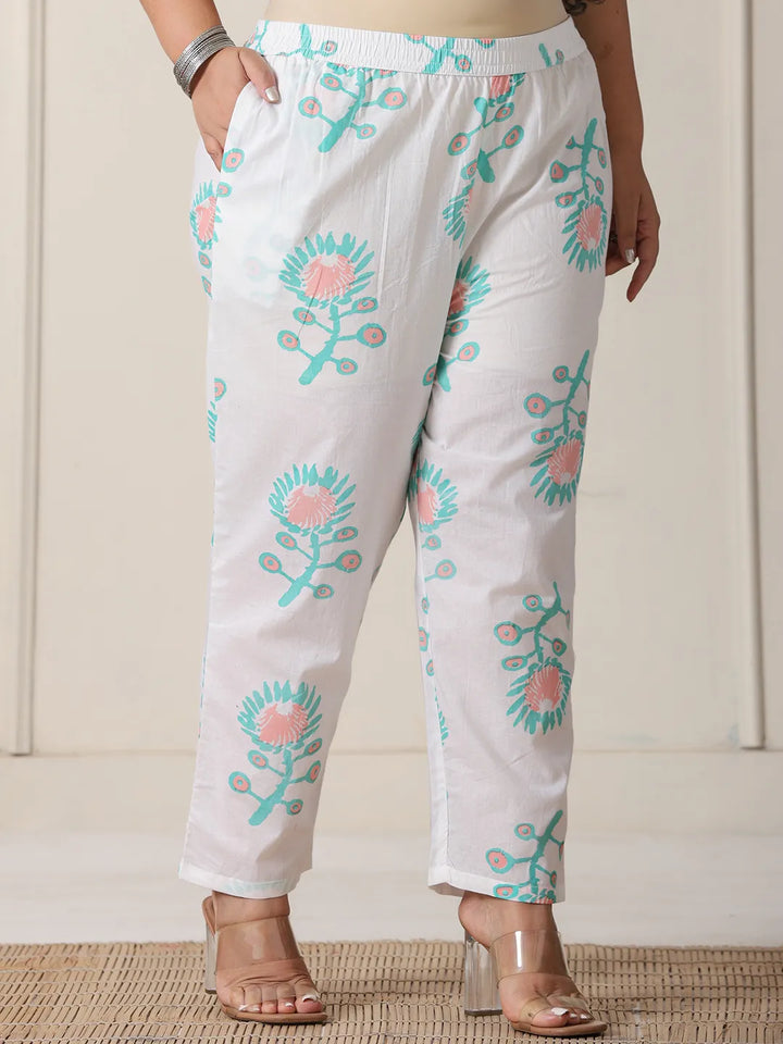 White And Blue Cotton Straight Plus Size Kurta Pant Dupatta Set
