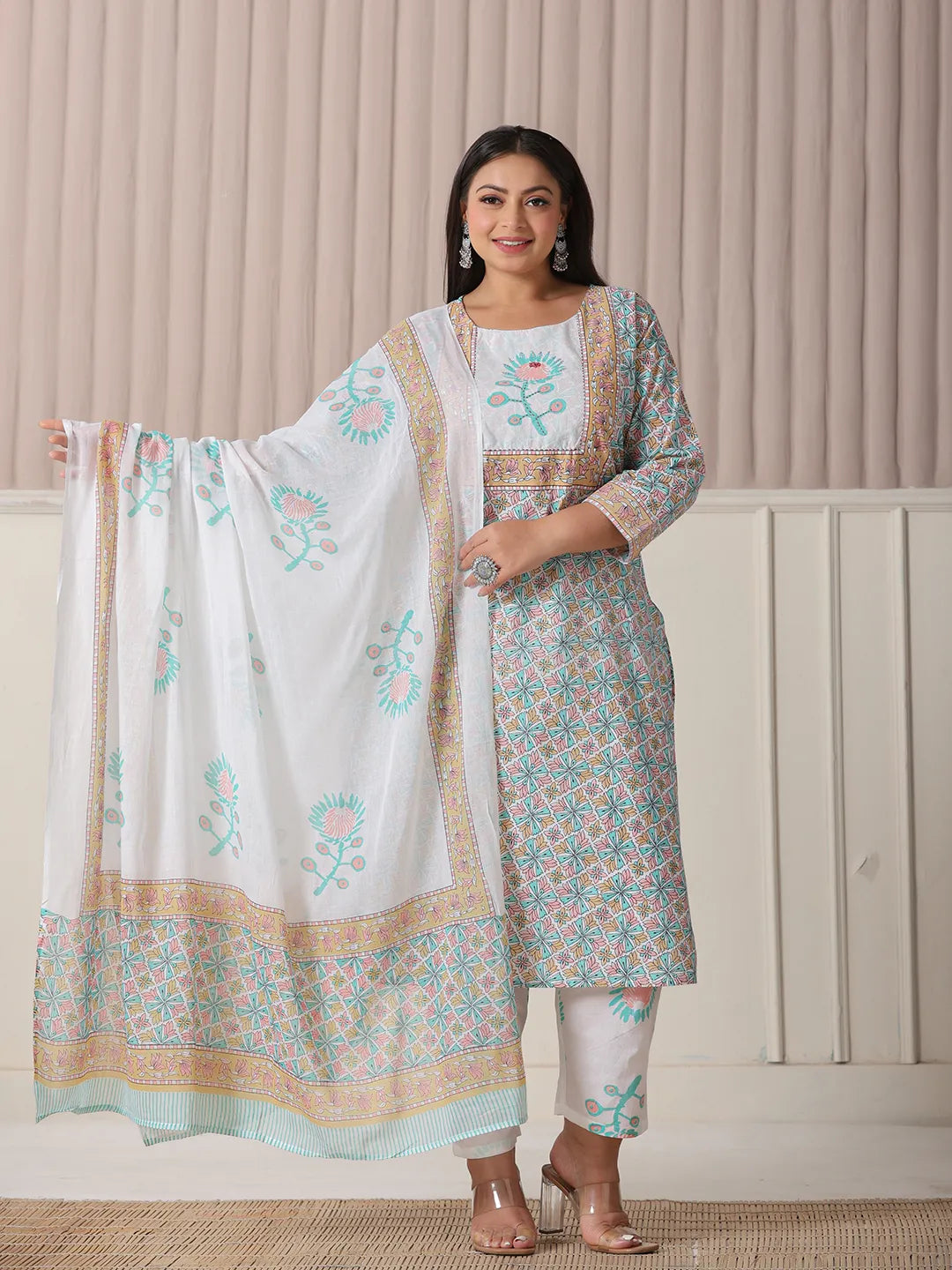 White And Blue Cotton Straight Plus Size Kurta Pant Dupatta Set