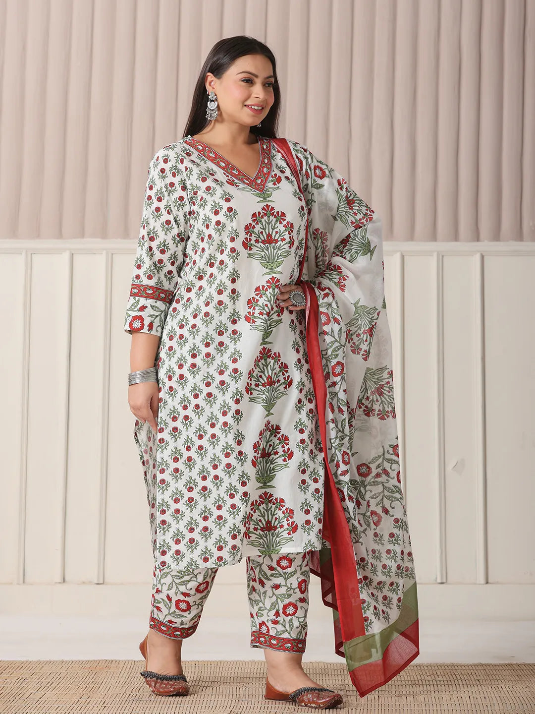 White And Green Cotton Sequins Work Plus Size Straight Kurta Pant Dupatta Set