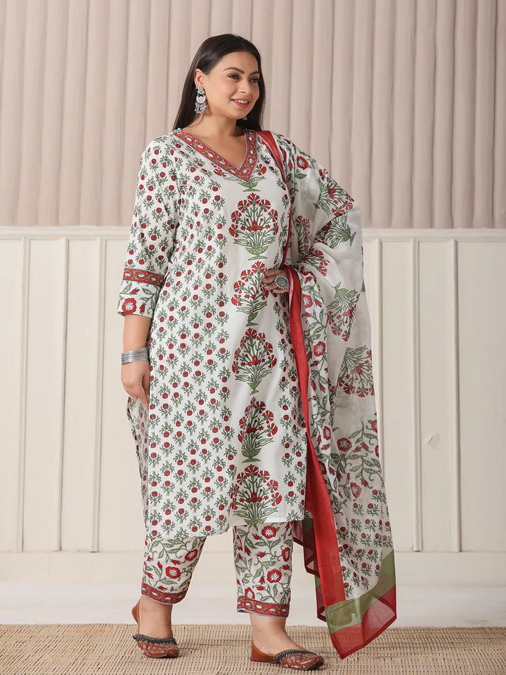 White And Green Cotton Sequins Work Plus Size Straight Kurta Pant Dupatta Set