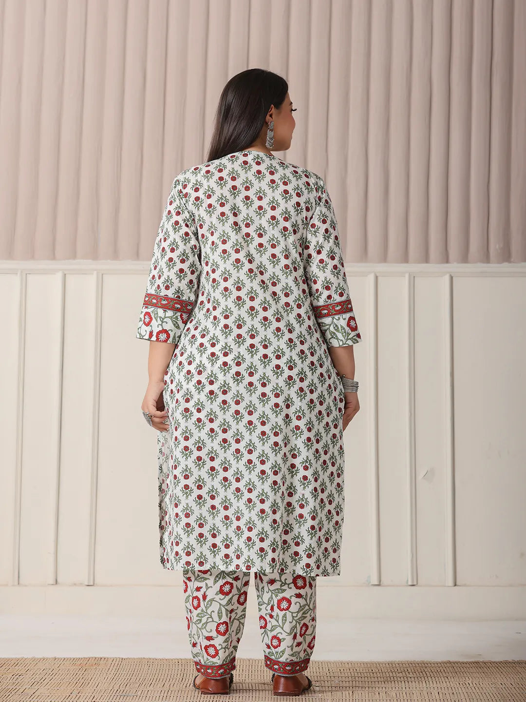 White And Green Cotton Sequins Work Plus Size Straight Kurta Pant Dupatta Set