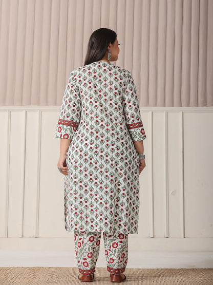 White And Green Cotton Sequins Work Plus Size Straight Kurta Pant Dupatta Set