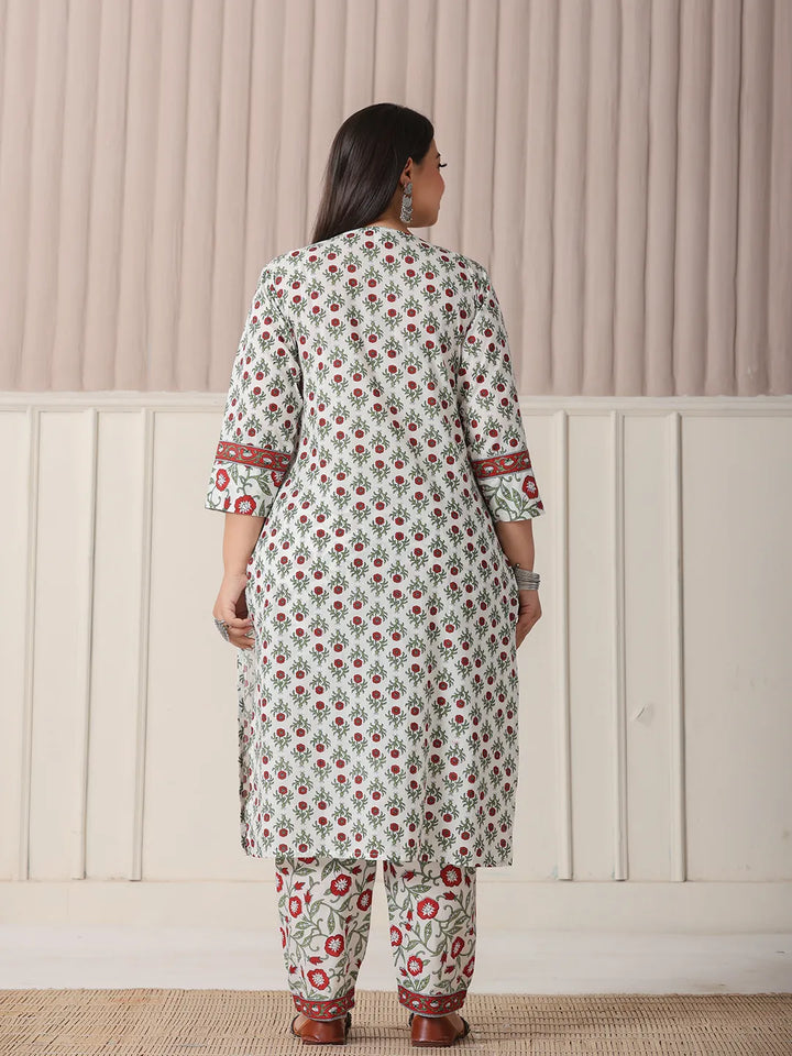 White And Green Cotton Sequins Work Plus Size Straight Kurta Pant Dupatta Set