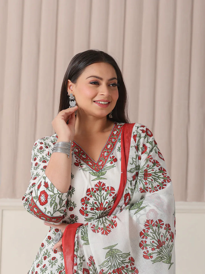 White And Green Cotton Sequins Work Plus Size Straight Kurta Pant Dupatta Set