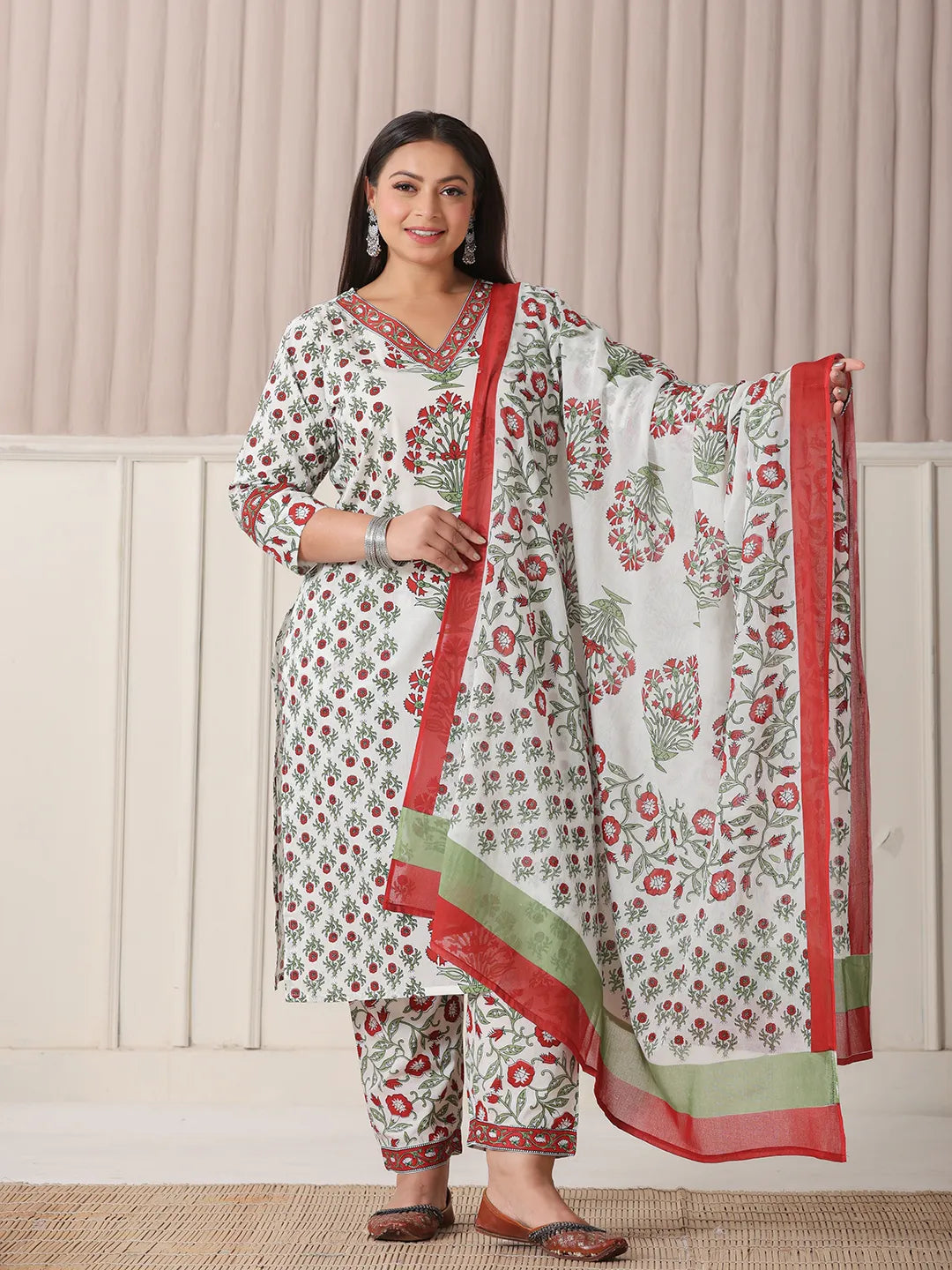 White And Green Cotton Sequins Work Plus Size Straight Kurta Pant Dupatta Set