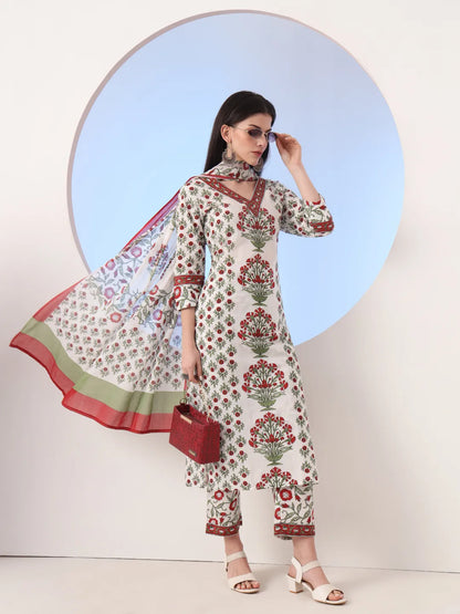 White And Green Cotton Sequins Work Straight Kurta Pant Dupatta Set