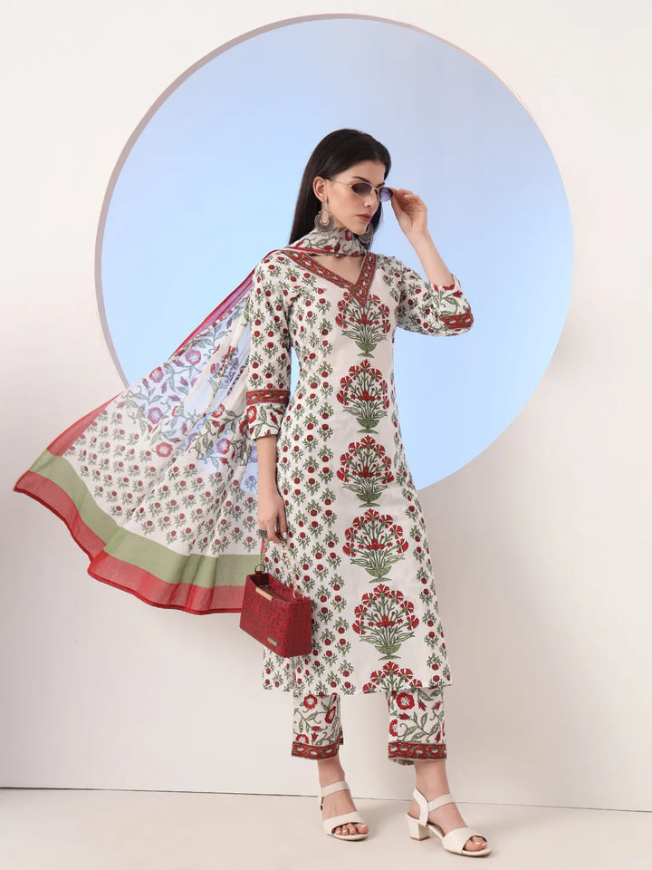White And Green Cotton Sequins Work Straight Kurta Pant Dupatta Set