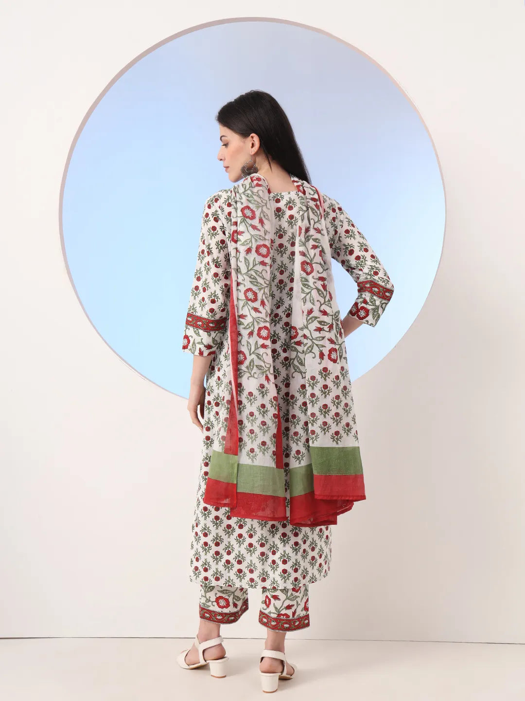 White And Green Cotton Sequins Work Straight Kurta Pant Dupatta Set