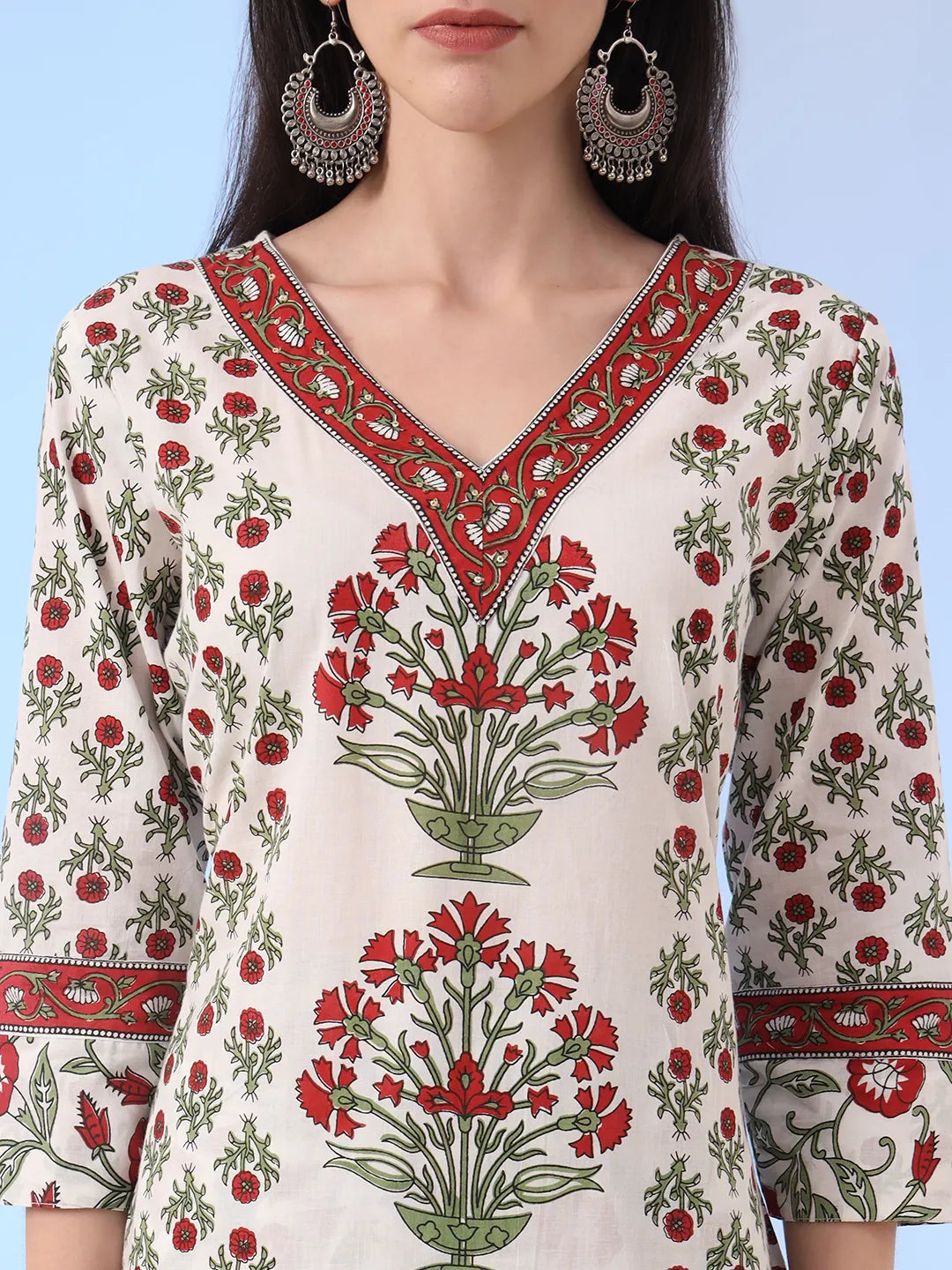 White And Green Cotton Sequins Work Straight Kurta Pant Dupatta Set