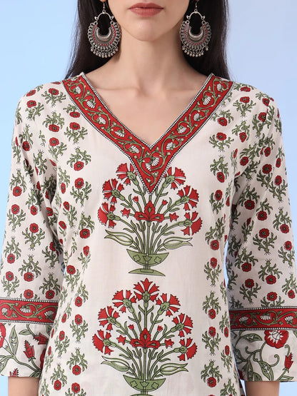 White And Green Cotton Sequins Work Straight Kurta Pant Dupatta Set