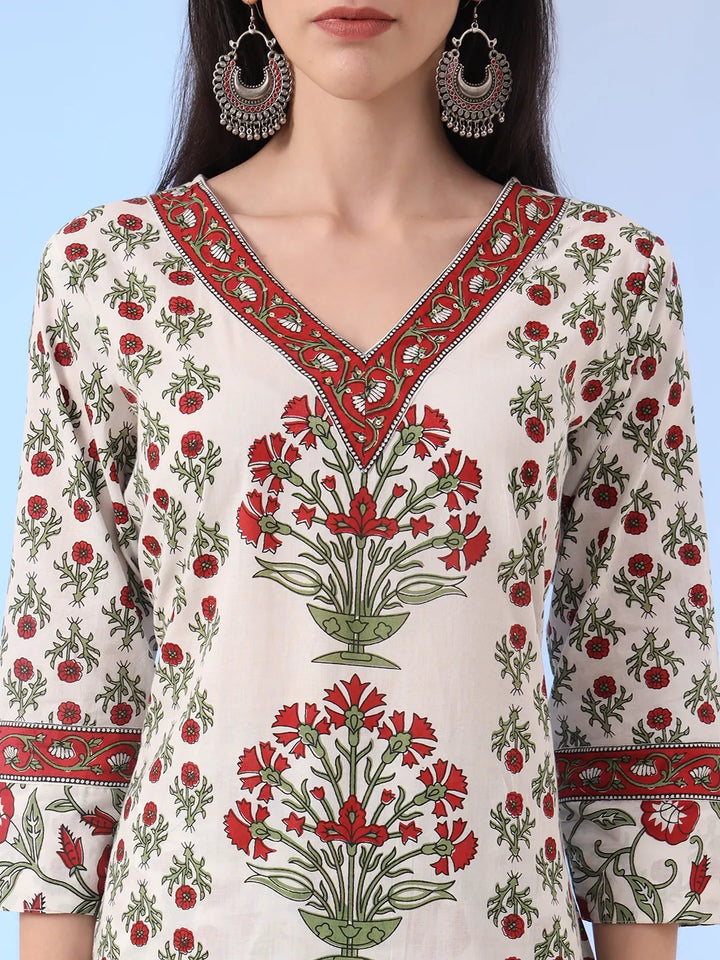 White And Green Cotton Sequins Work Straight Kurta Pant Dupatta Set