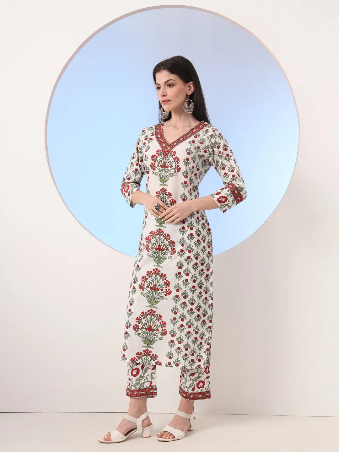 White And Green Cotton Sequins Work Straight Kurta Pant Dupatta Set