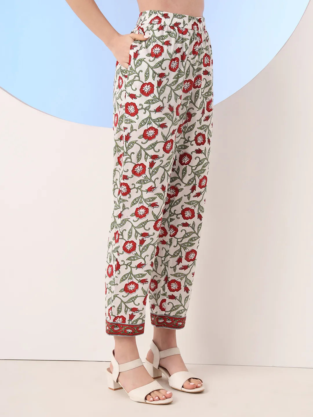 White And Green Cotton Sequins Work Straight Kurta Pant Dupatta Set