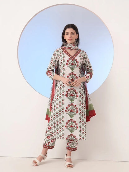 White And Green Cotton Sequins Work Straight Kurta Pant Dupatta Set