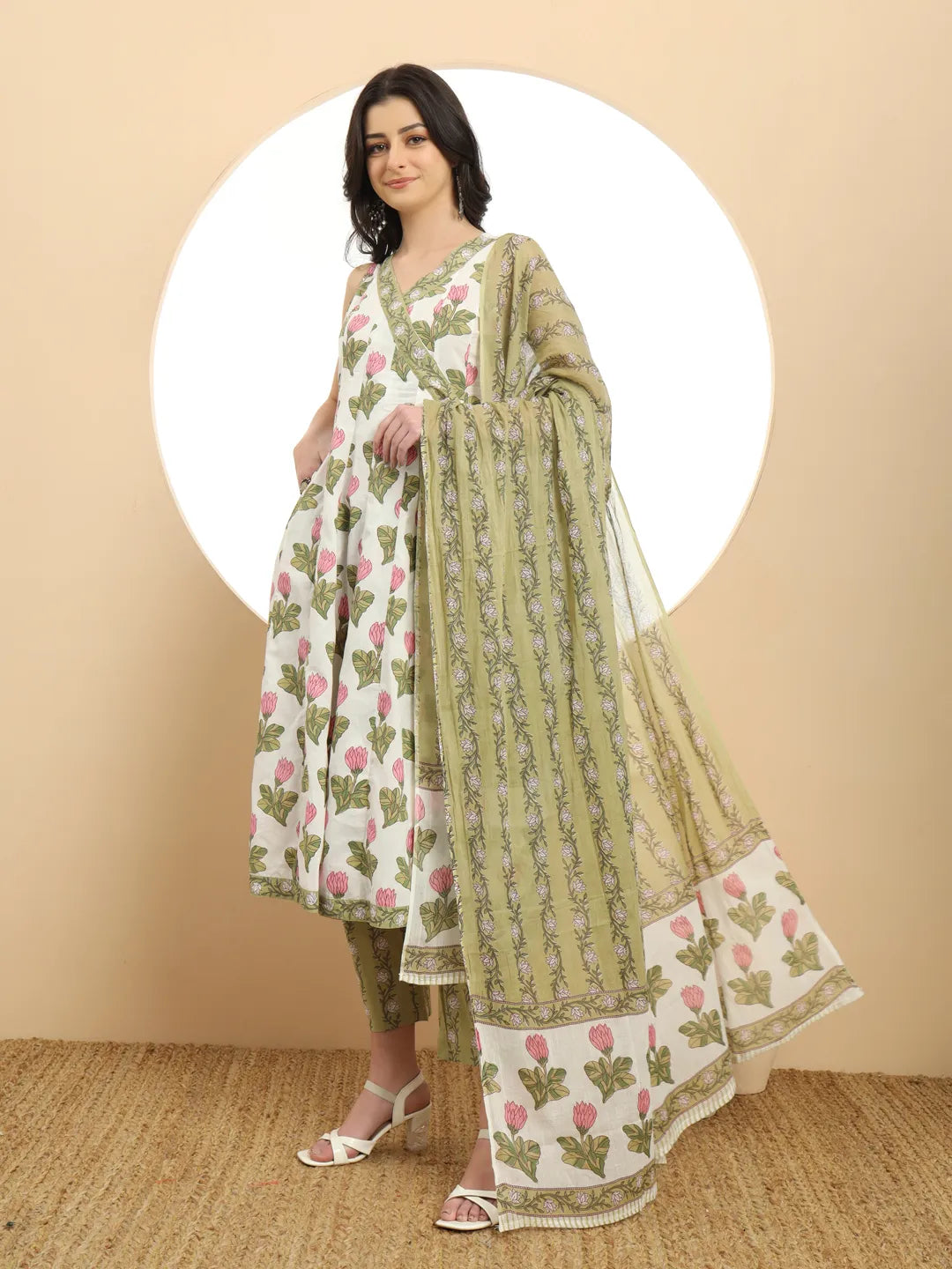 White And Green Floral Print Anarkali Kurta Set With Dupatta