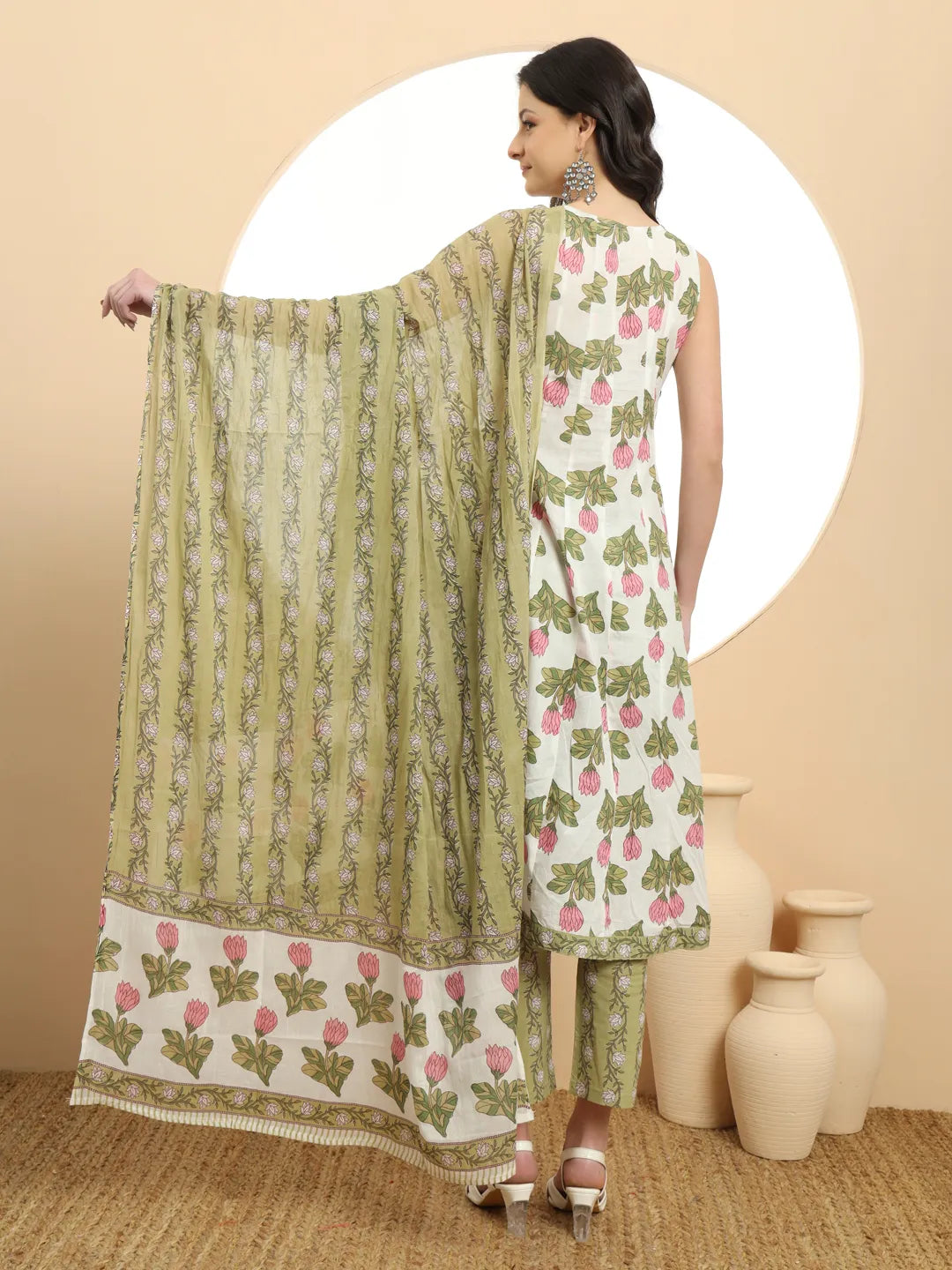 White And Green Floral Print Anarkali Kurta Set With Dupatta