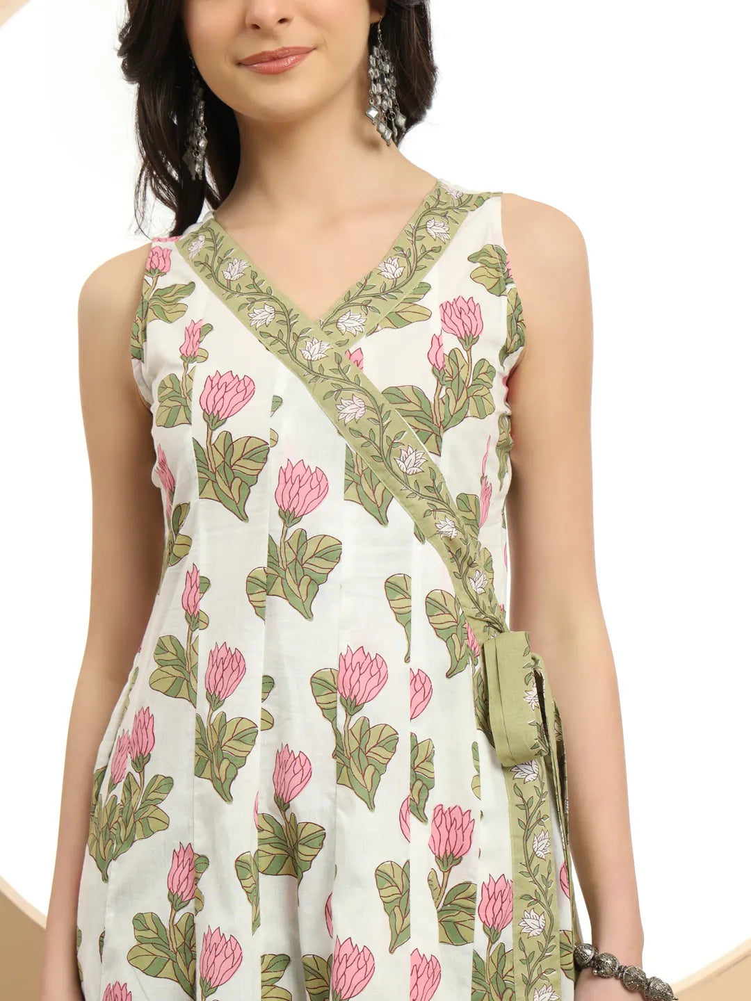 White And Green Floral Print Anarkali Kurta Set With Dupatta