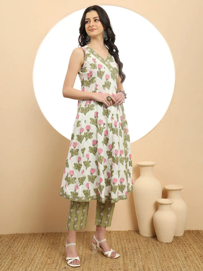 White And Green Floral Print Anarkali Kurta Set With Dupatta
