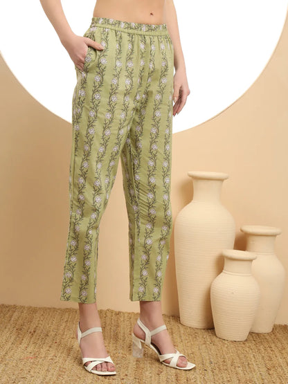 White And Green Floral Print Anarkali Kurta Set With Dupatta