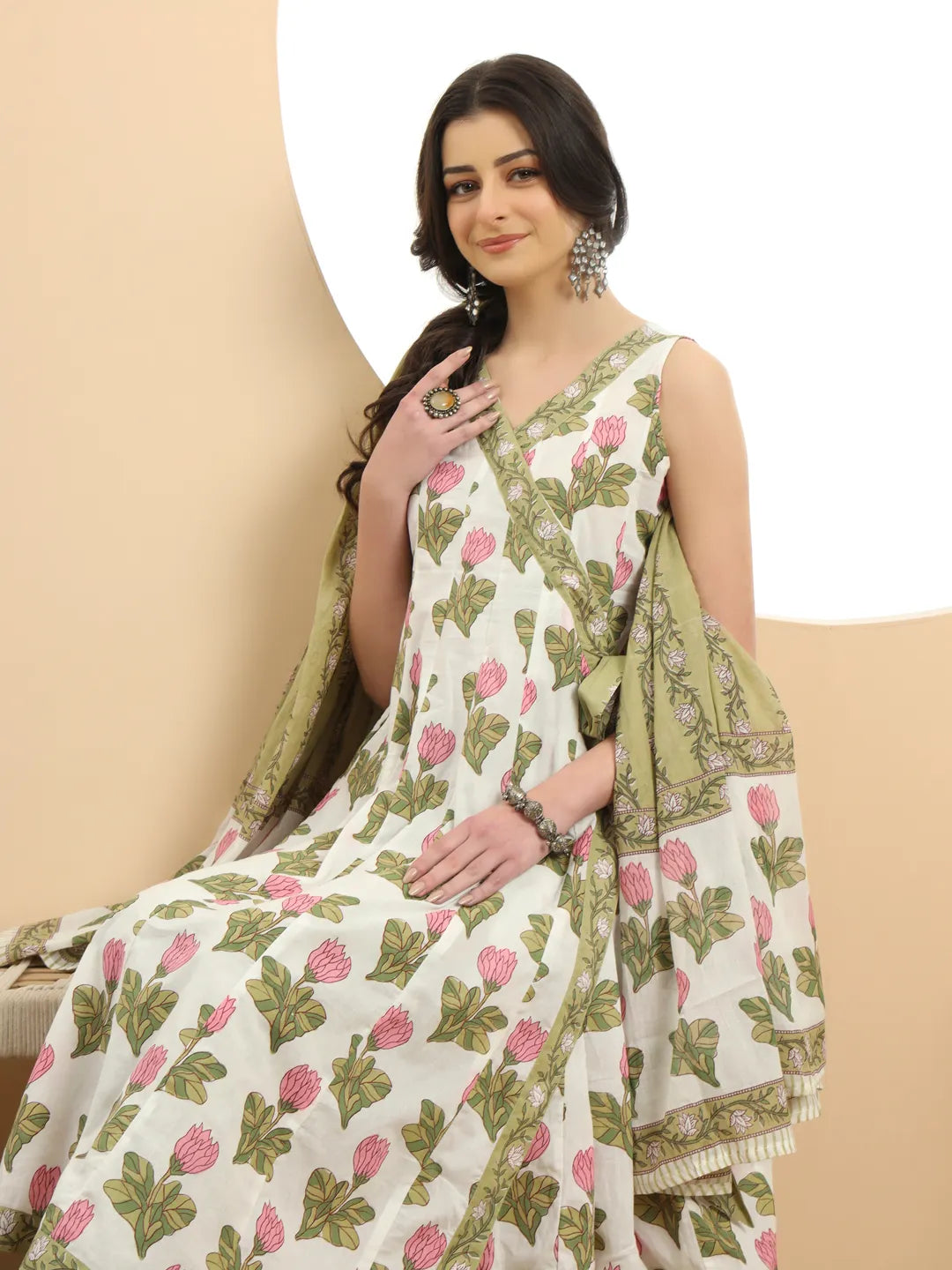 White And Green Floral Print Anarkali Kurta Set With Dupatta