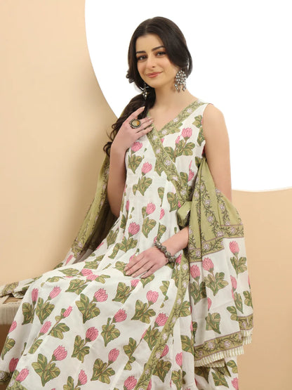 White And Green Floral Print Anarkali Kurta Set With Dupatta