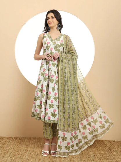 White And Green Floral Print Anarkali Kurta Set With Dupatta