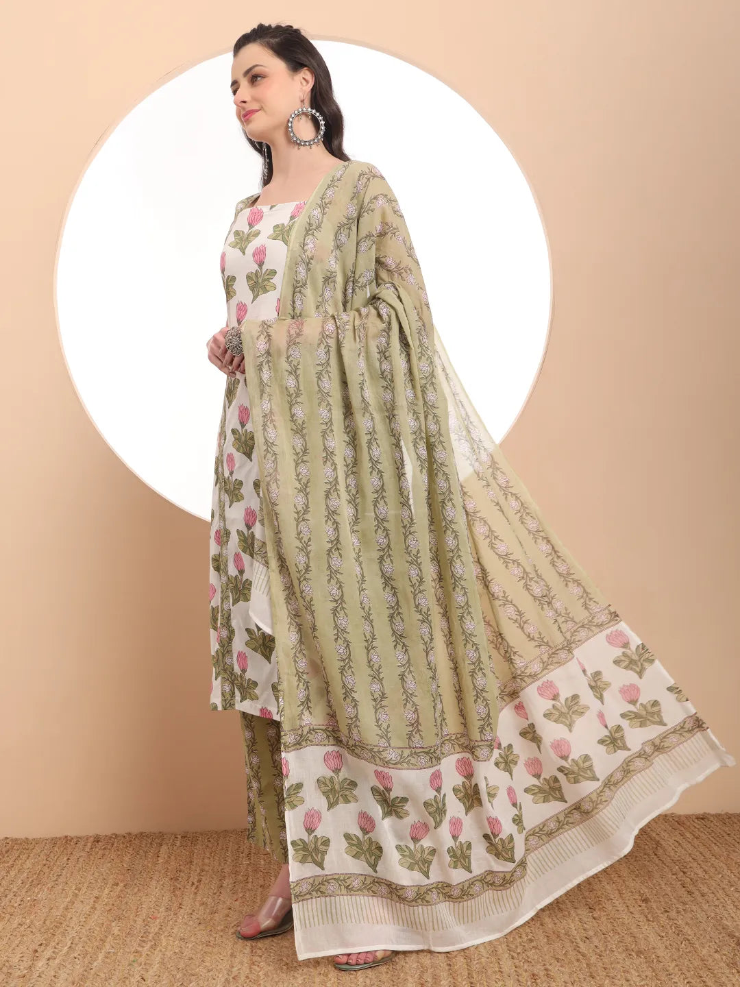 White And Green Floral Print Straight Kurta Trouser Dupatta Set Cotton Lining