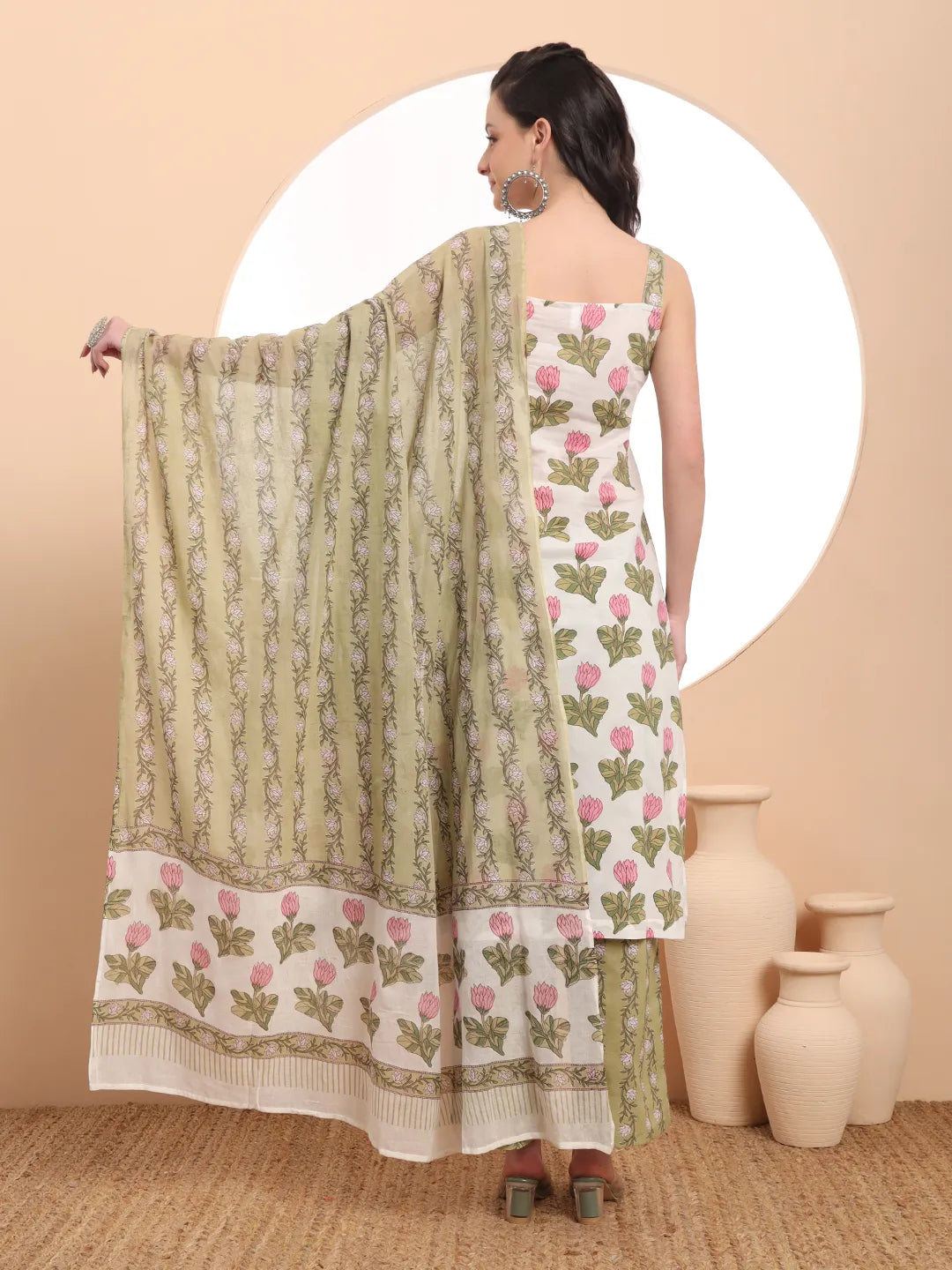 White And Green Floral Print Straight Kurta Trouser Dupatta Set Cotton Lining