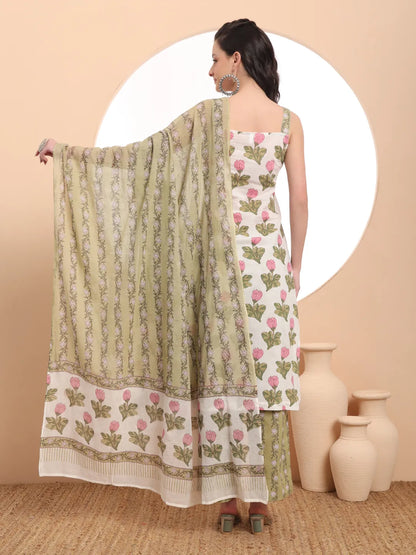 White And Green Floral Print Straight Kurta Trouser Dupatta Set Cotton Lining