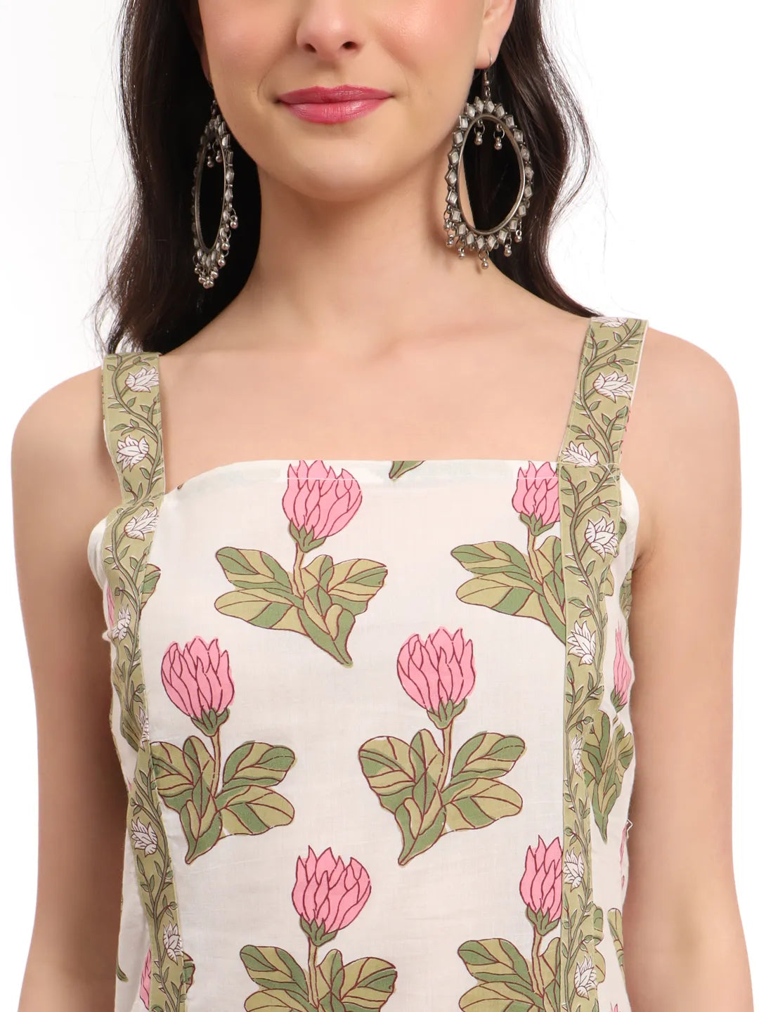 White And Green Floral Print Straight Kurta Trouser Dupatta Set Cotton Lining