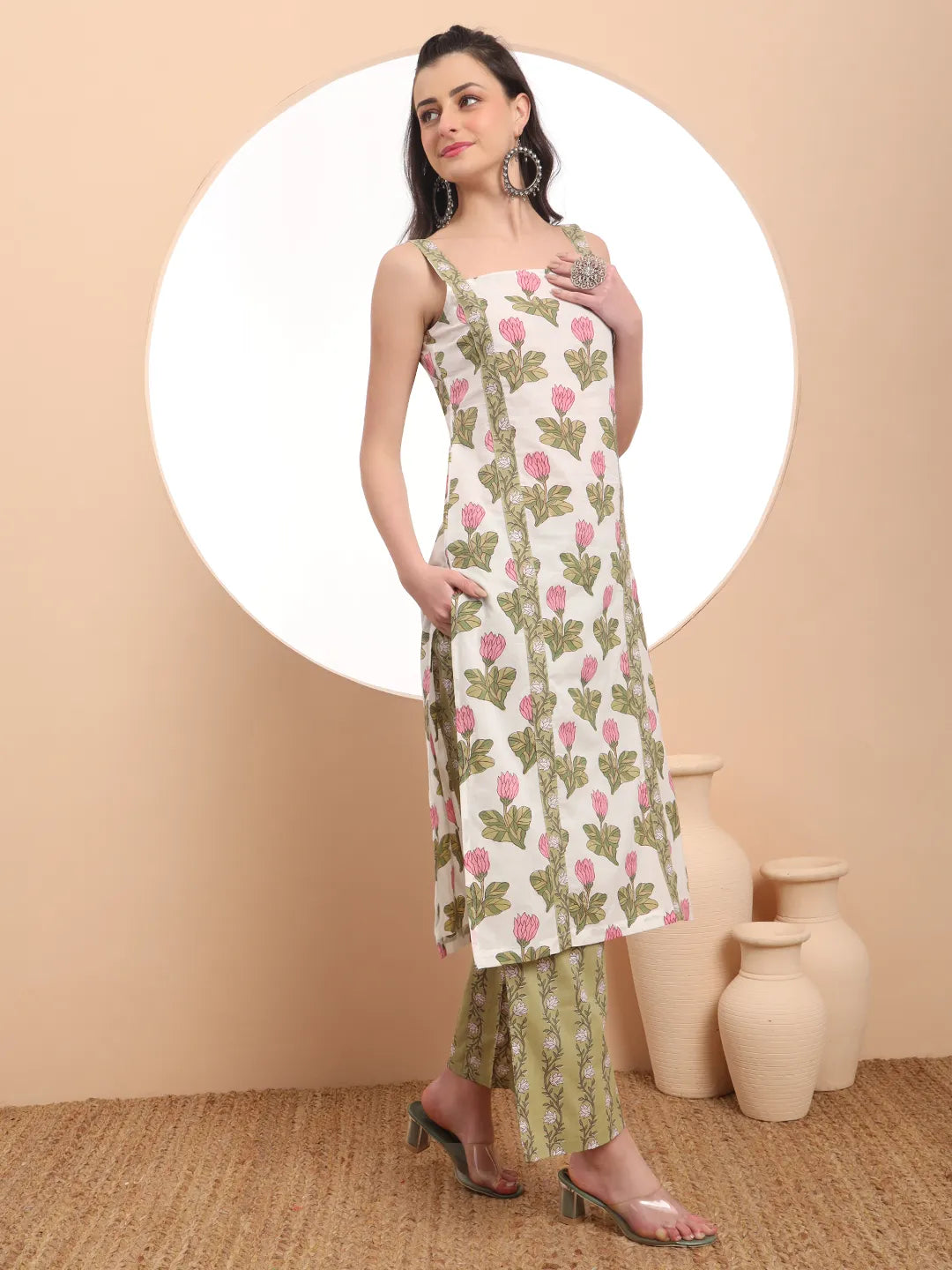 White And Green Floral Print Straight Kurta Trouser Dupatta Set Cotton Lining