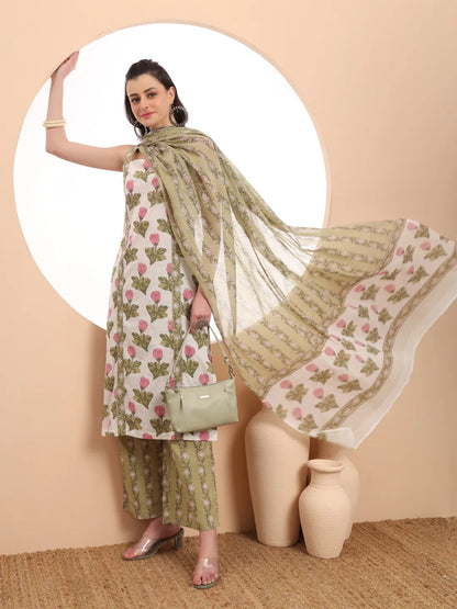 White And Green Floral Print Straight Kurta Trouser Dupatta Set Cotton Lining