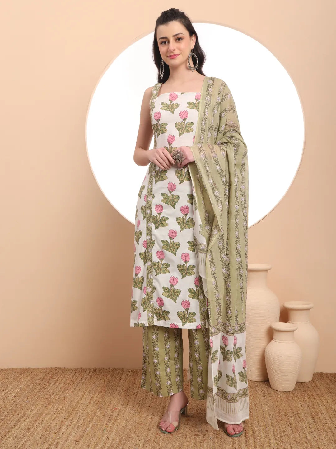 White And Green Floral Print Straight Kurta Trouser Dupatta Set Cotton Lining