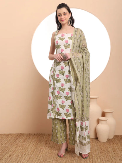 White And Green Floral Print Straight Kurta Trouser Dupatta Set Cotton Lining