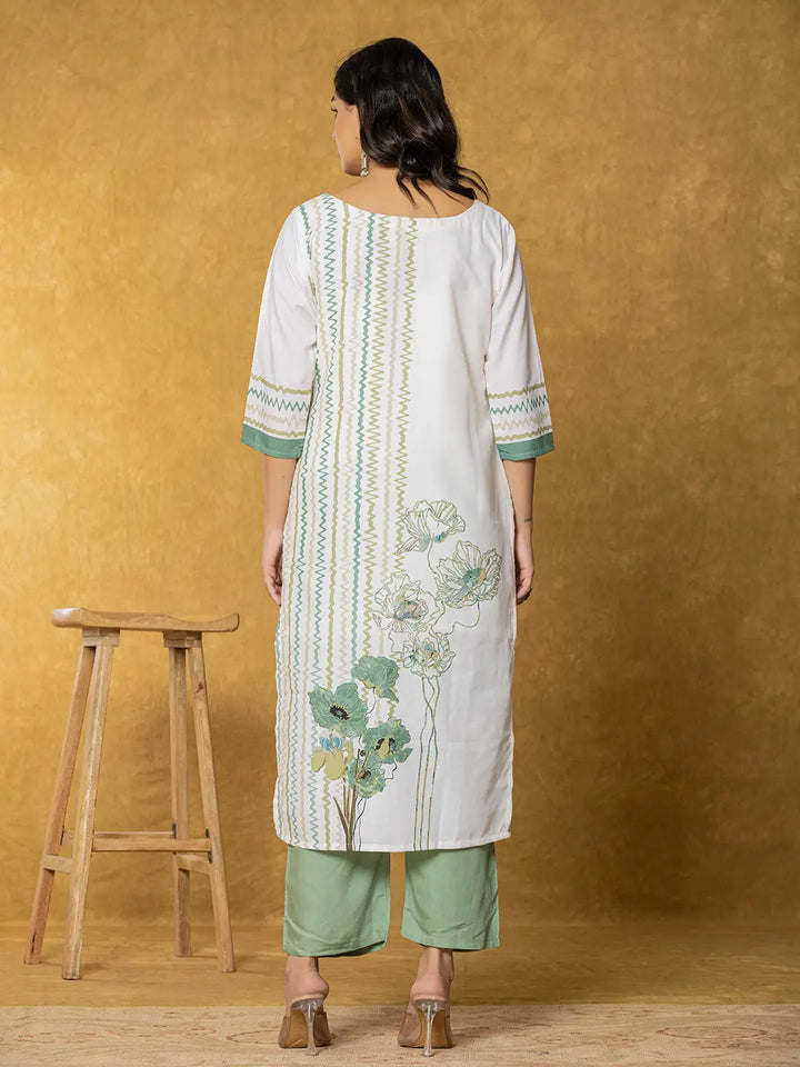 White And Green Linen Kurta Dupatta Pant Set