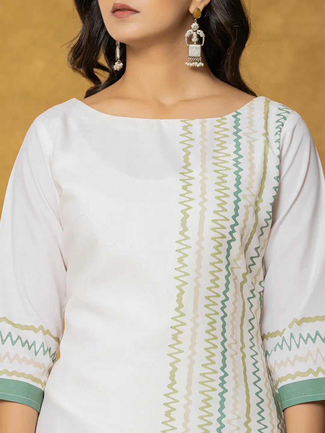 White And Green Linen Kurta Dupatta Pant Set
