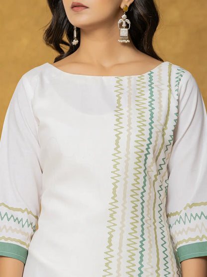 White And Green Linen Kurta Dupatta Pant Set