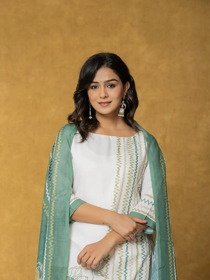White And Green Linen Kurta Dupatta Pant Set