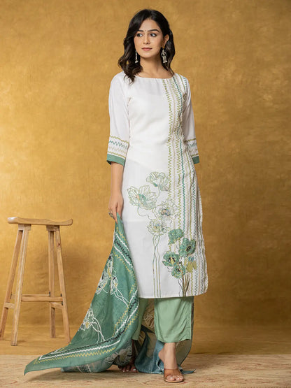 White And Green Linen Kurta Dupatta Pant Set