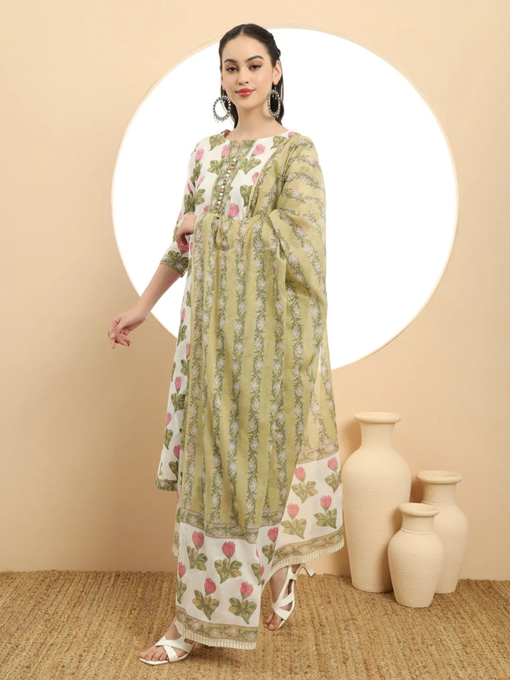 White And Green Sequins Work Kurta  Set With Dupatta