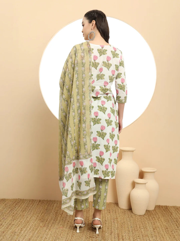 White And Green Sequins Work Kurta  Set With Dupatta