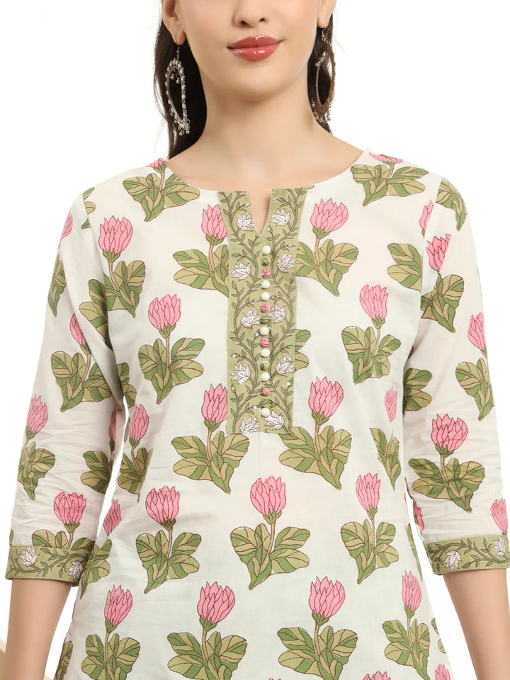 White And Green Sequins Work Kurta  Set With Dupatta