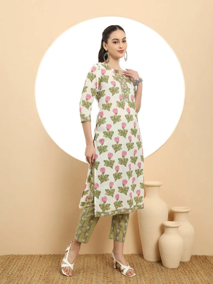 White And Green Sequins Work Kurta  Set With Dupatta