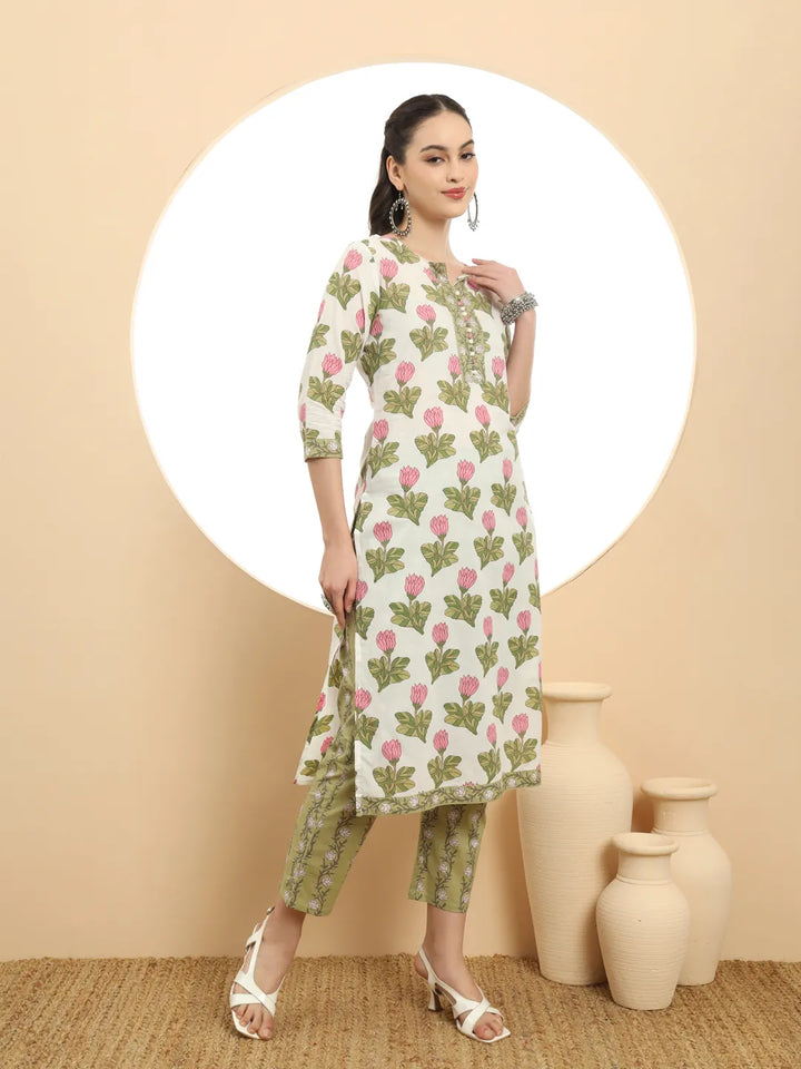 White And Green Sequins Work Kurta  Set With Dupatta