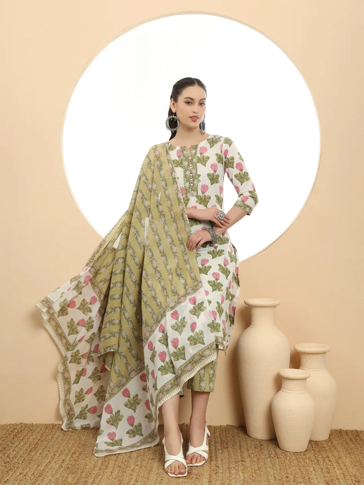 White And Green Sequins Work Kurta  Set With Dupatta