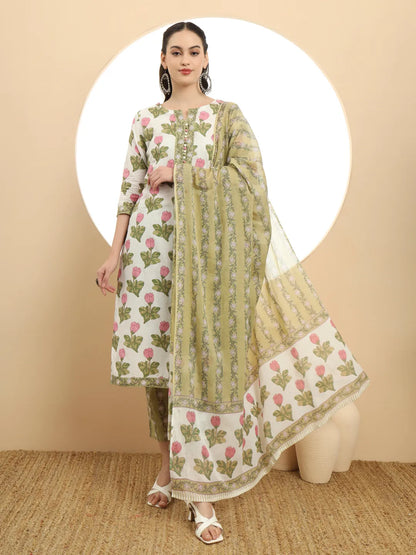 Women's White Cotton White And Green Sequins Work Kurta  Set With Dupatta by Yufta, suitable for wholesale buyers, boutiques, retailers, resellers and bulk fashion orders from Trendphoria