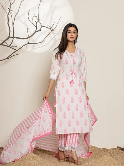 White And Pink Floral Print Cotton Straight Kurta Dupatta Set