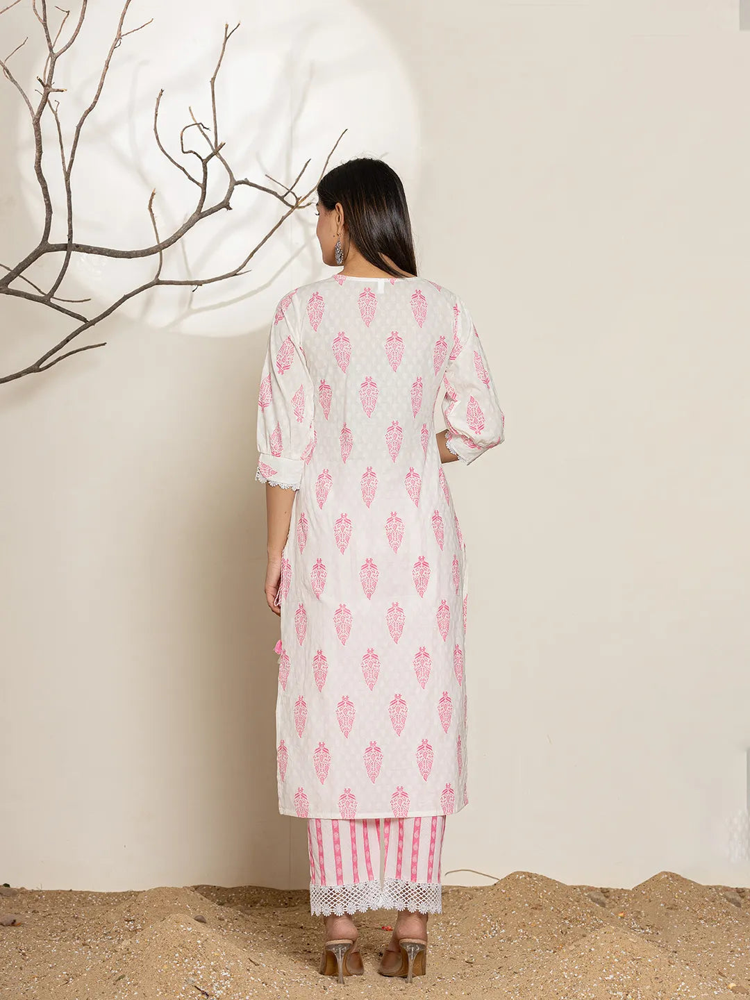 White And Pink Floral Print Cotton Straight Kurta Dupatta Set