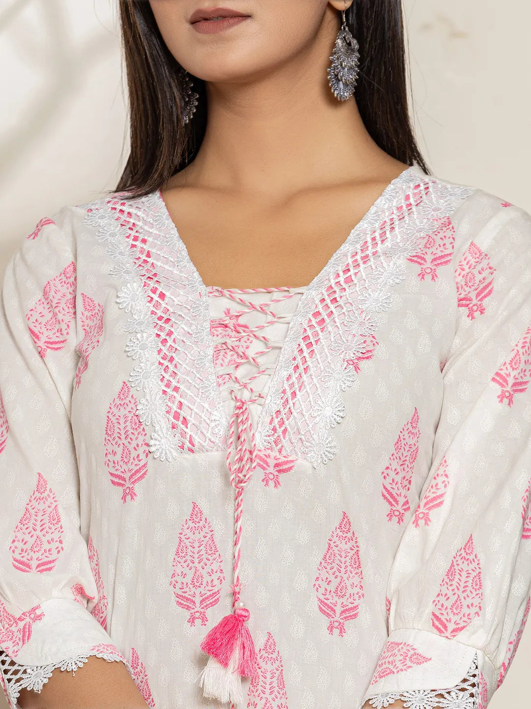 White And Pink Floral Print Cotton Straight Kurta Dupatta Set