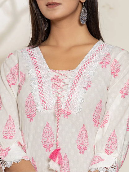 White And Pink Floral Print Cotton Straight Kurta Dupatta Set